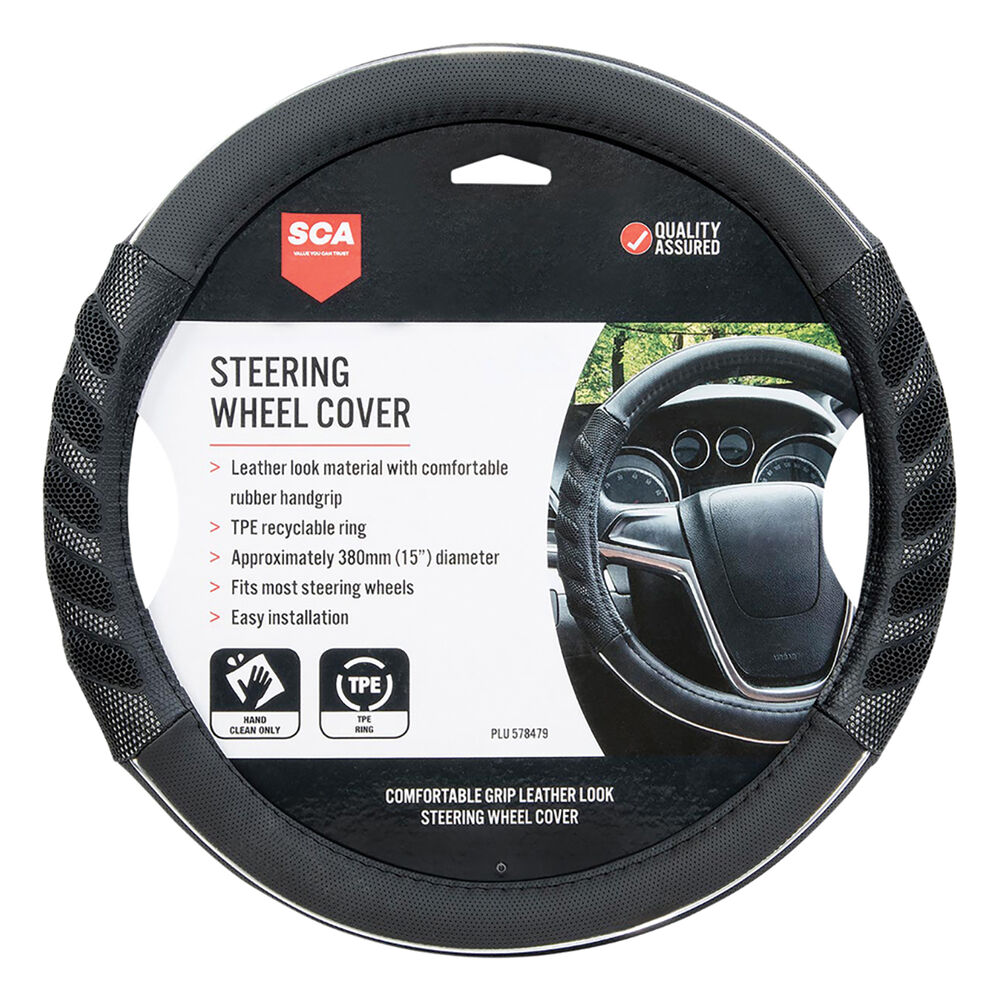 SCA Steering Wheel Cover Leather Look & Rubber, Black and Grey, 380mm diameter Supercheap Auto