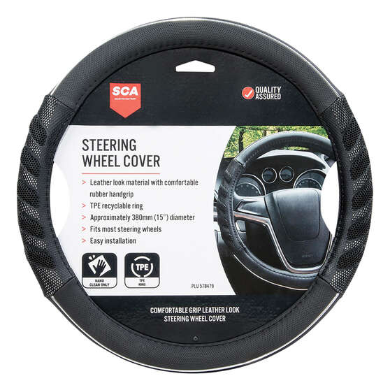 SCA Steering Wheel Cover - Leather Look & Rubber, Black and Grey, 380mm diameter, , scaau_hi-res