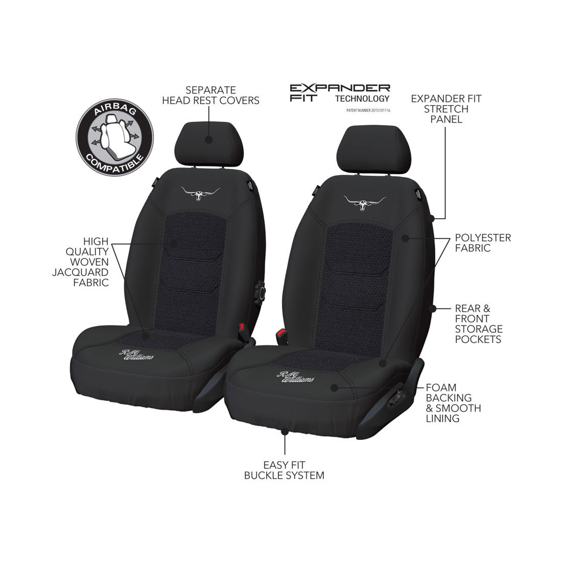 R.M.Williams Woven Seat Covers Black Adjustable Headrests Size 30 Front Pair Airbag Compatible, , scaau_hi-res