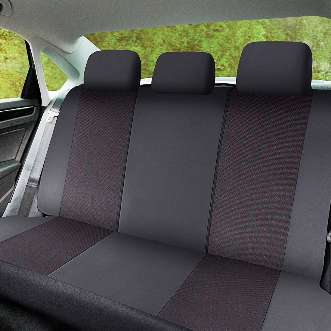 SCA Premium Jacquard & Leather Look Seat Covers Black/Red Adjustable Headrests Rear Bench 06H, , scaau_hi-res