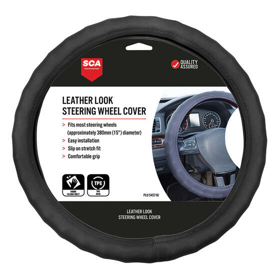 SCA Steering Wheel Cover - Leather Look, Black, 380mm diameter, , scaau_hi-res