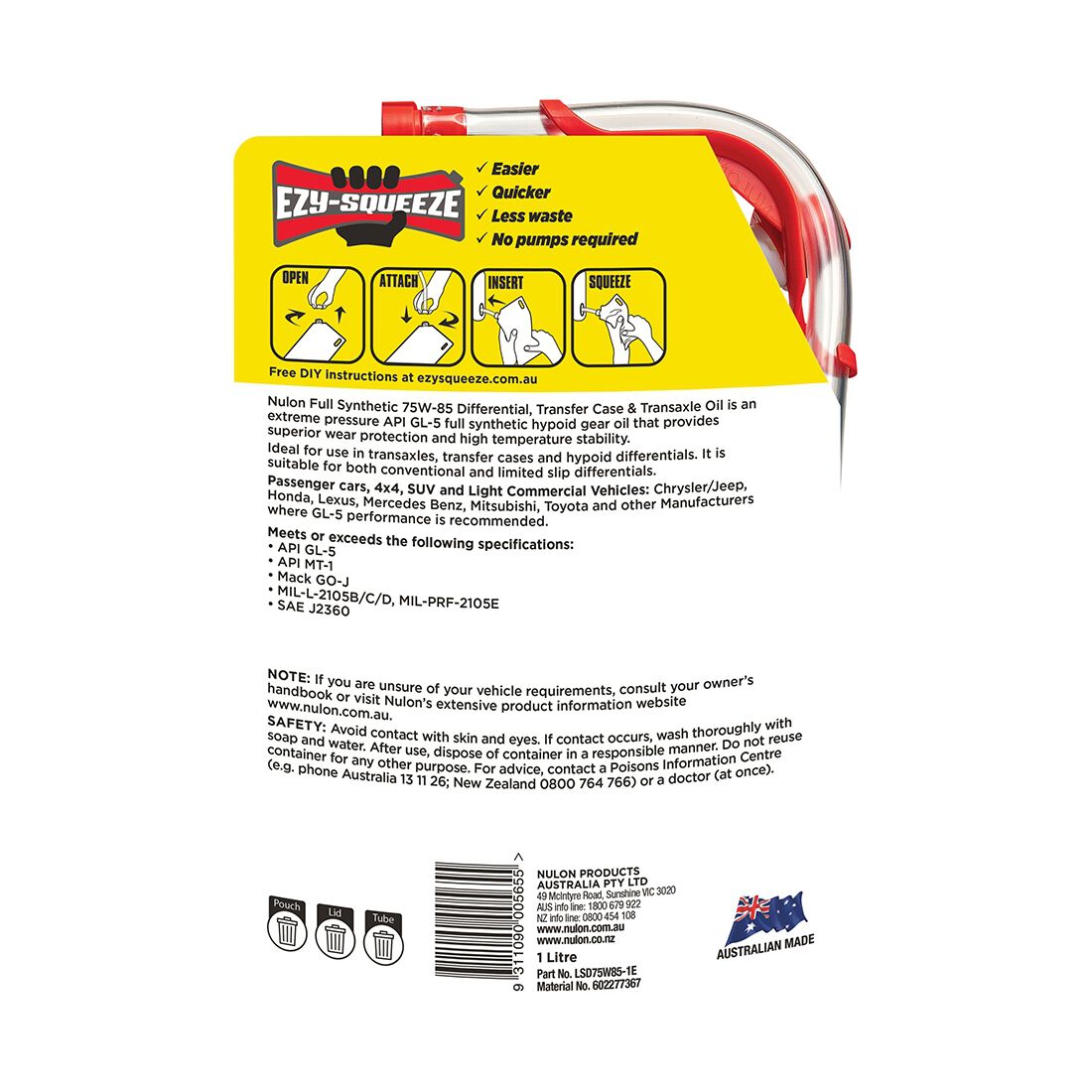 NULON EZY-SQUEEZE Differential, Transfer Case & Transaxle Oil - 75W-85, 1 Litre, , scaau_hi-res