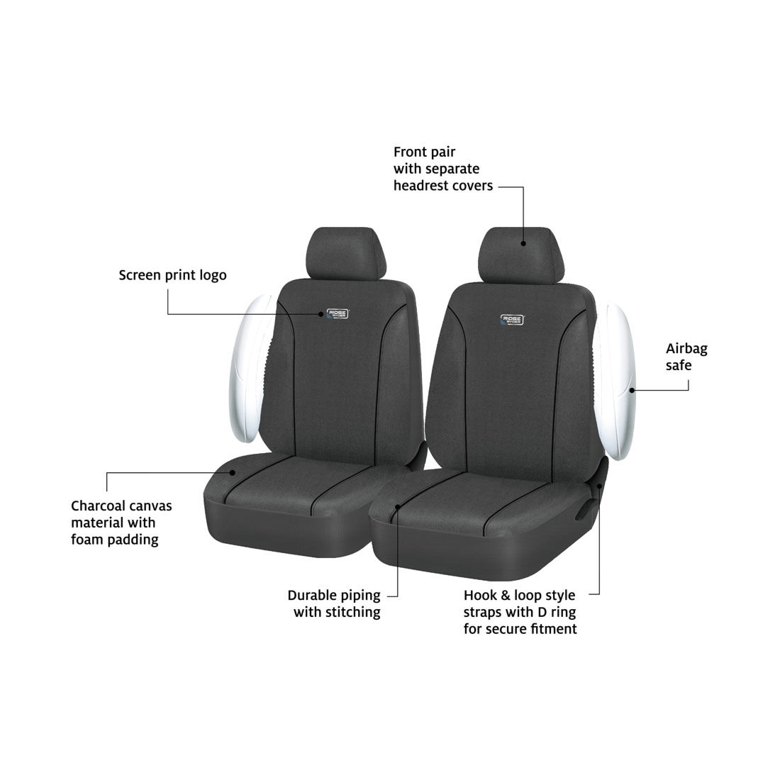Ridge Ryder Canvas Seat Covers Charcoal/Black Piping Adjustable Headrests Airbag Compatible 30SAB, , scaau_hi-res