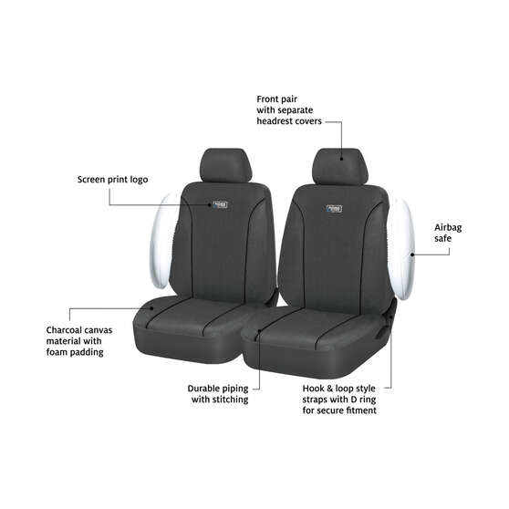 Ridge Ryder Canvas Seat Covers Charcoal/Black Piping Adjustable Headrests Airbag Compatible 30SAB, , scaau_hi-res