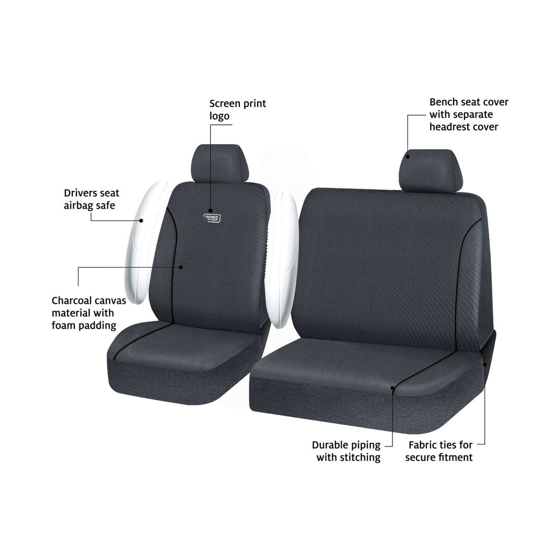 Ridge Ryder Canvas Ute Seat Covers Charcoal/Black Piping Adjustable Headrests Front (without cut out) 301SAB, , scaau_hi-res