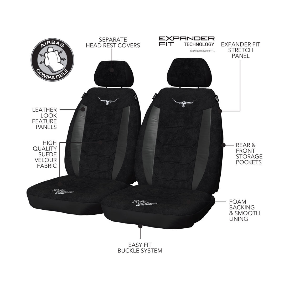 R.M.Williams Suede Velour Seat Covers Black Adjustable Headrests Size 30 Front Pair Airbag Compatible, , scaau_hi-res