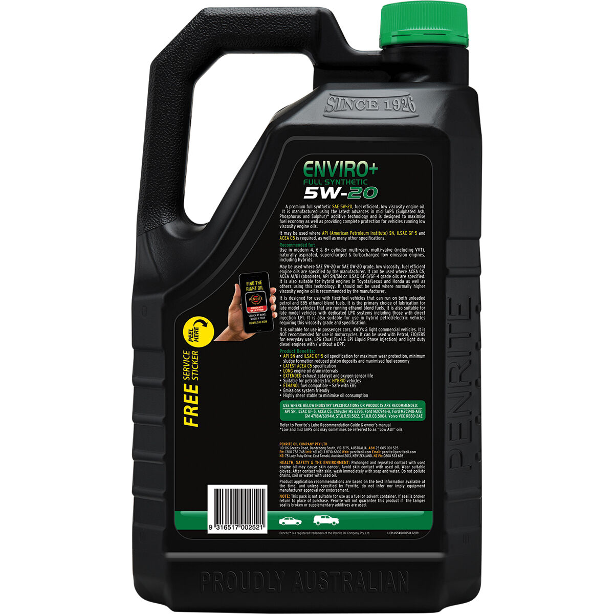 Penrite Enviro+ Engine Oil - 5W-20 5 Litre, , scaau_hi-res