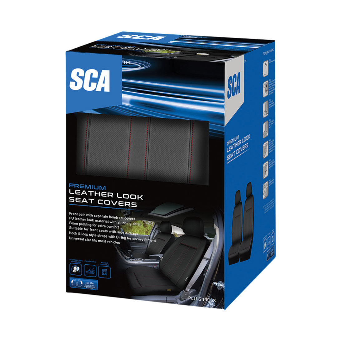 SCA Leather Look Seat Covers Black/Red Adjustable Headrests Airbag Compatible 30SAB, , scaau_hi-res