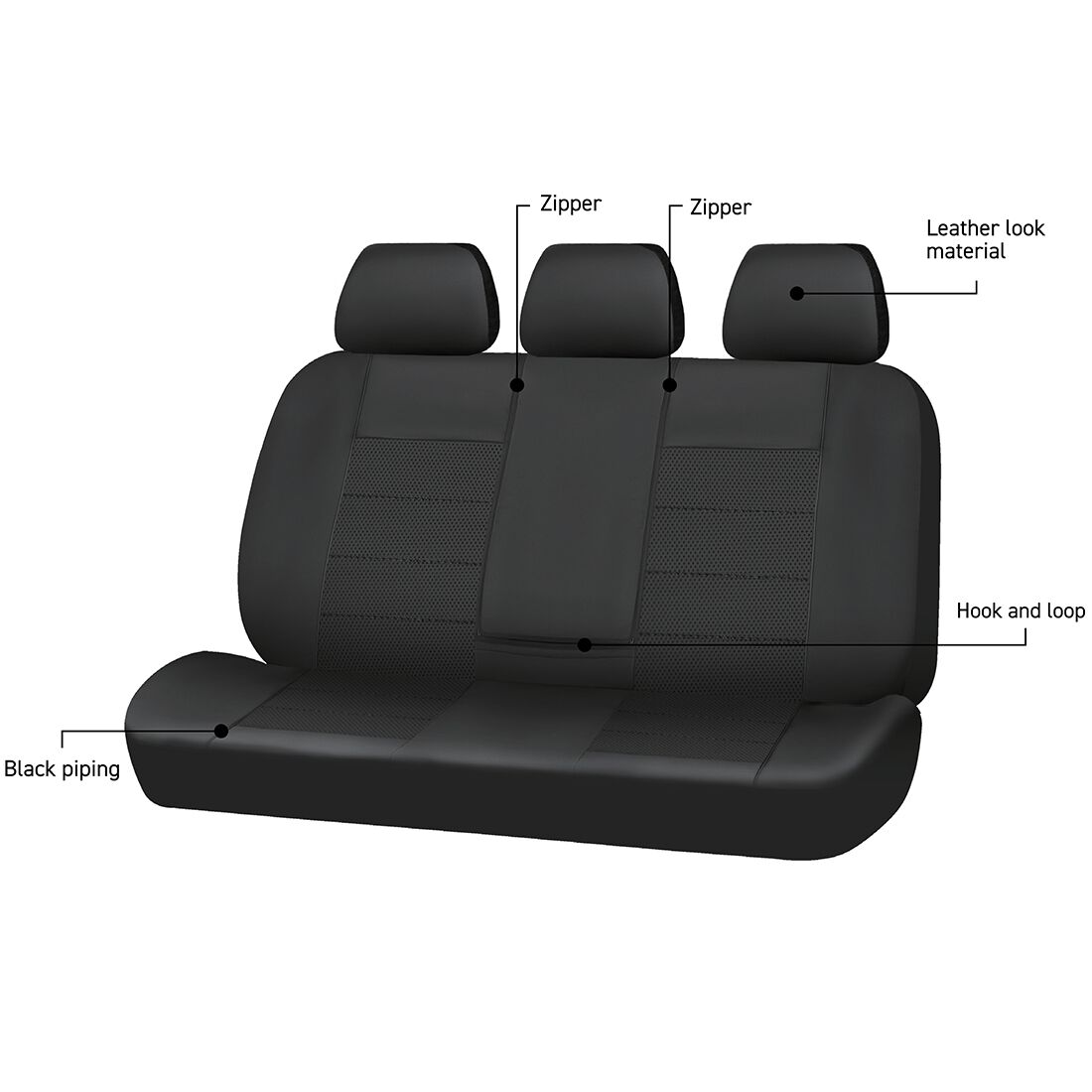 SCA Leather Look Seat Covers Black Adjustable Headrests Rear Bench 06H, , scaau_hi-res
