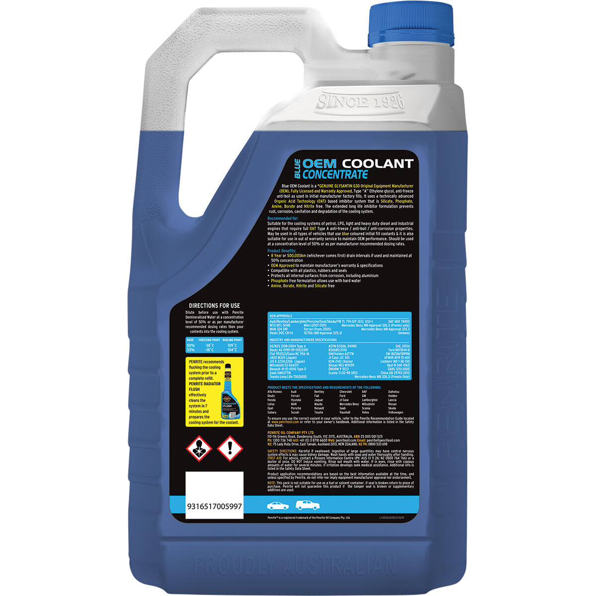 Penrite Blue Long Life Anti Freeze / Anti Boil Coolant Concentrate - 5 Litres, , scaau_hi-res