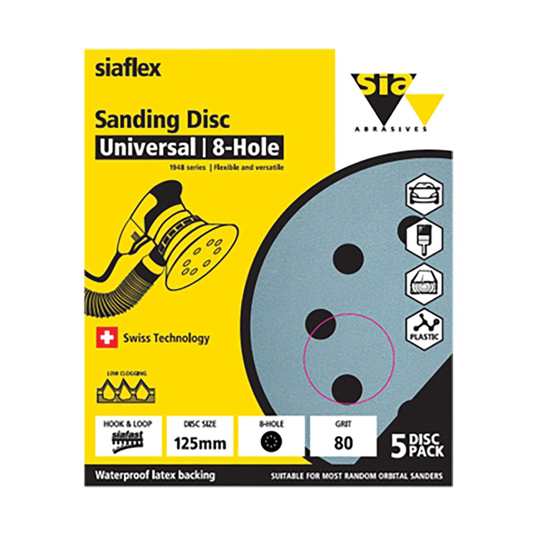 SIA Abrasives 125mm Wet & Dry Sanding Disc, 1948 Series, 8 Hole, 80 Grit, 5 Pack, , scaau_hi-res