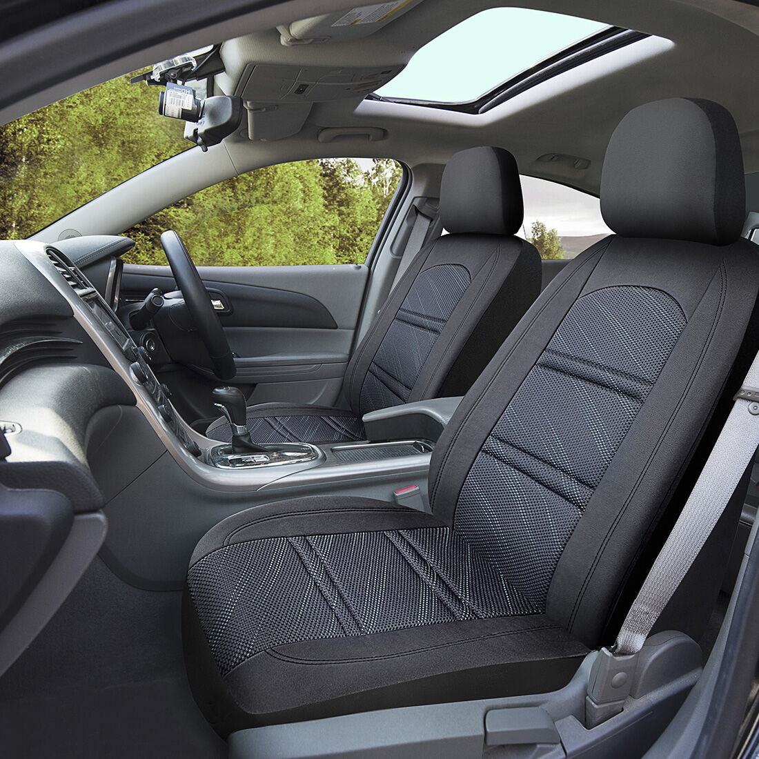 SCA Memory Foam Jacquard & Leather Look Seat Covers Black/Blue Adjustable Headrests Airbag Compatible, , scaau_hi-res