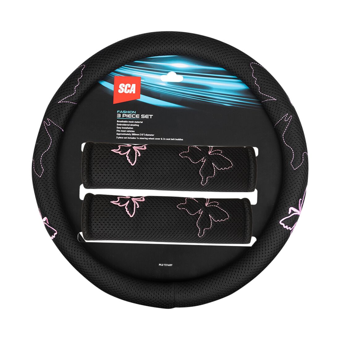 SCA Butterfly Steering Wheel Cover & Seat Belt Buddie Set Pink, , scaau_hi-res