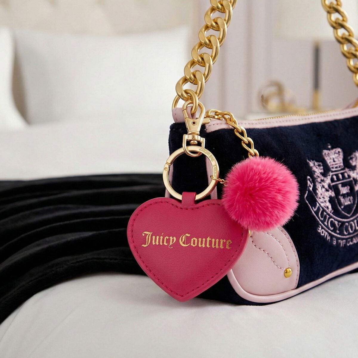Juicy Couture Bling Juicy Keyring - Pink Heart Pompom, , scaau_hi-res