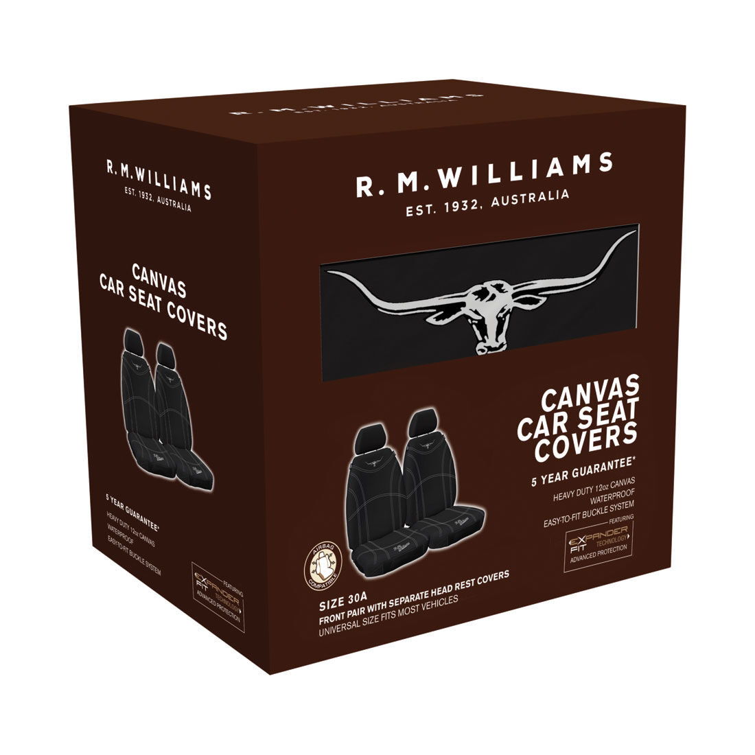 R.M.Williams Canvas Seat Cover Black Adjustable Headrests Size 30 Front Pair Airbag Compatible, , scaau_hi-res