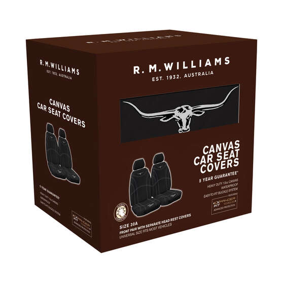 R.M. Williams Canvas Seat Cover Black Adjustable Headrests Size 30 Front Pair Airbag Compatible, , scaau_hi-res