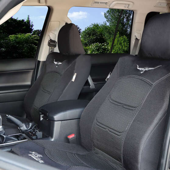 R.M.Williams Woven Seat Covers Black Adjustable Headrests Size 30 Front Pair Airbag Compatible, , scaau_hi-res