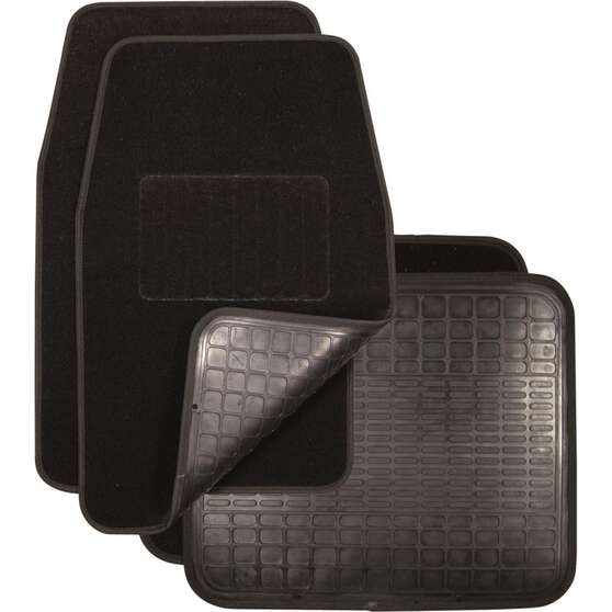 SCA Reversible Carpet/Rubber Car Floor Mats - Set of 4, Black, , scaau_hi-res