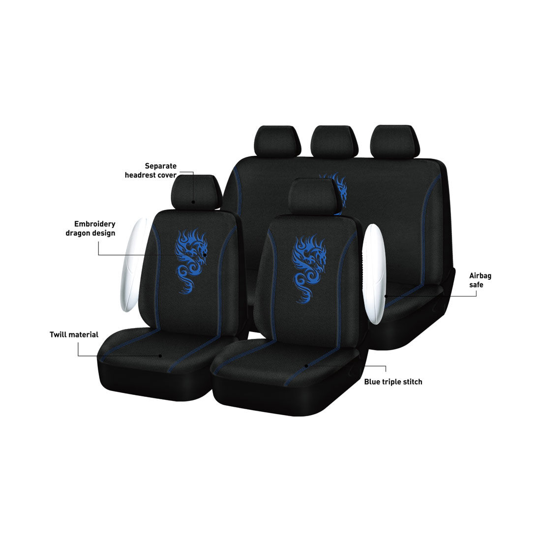 SCA Dragon Seat Cover Pack Blue Adjustable Headrests Airbag Compatible 30&06H SAB, , scaau_hi-res