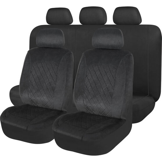 SCA Velour Quilted Seat Cover Pack - Black Adjustable Headrests Size 30 and 06H Airbag Compatible, , scaau_hi-res