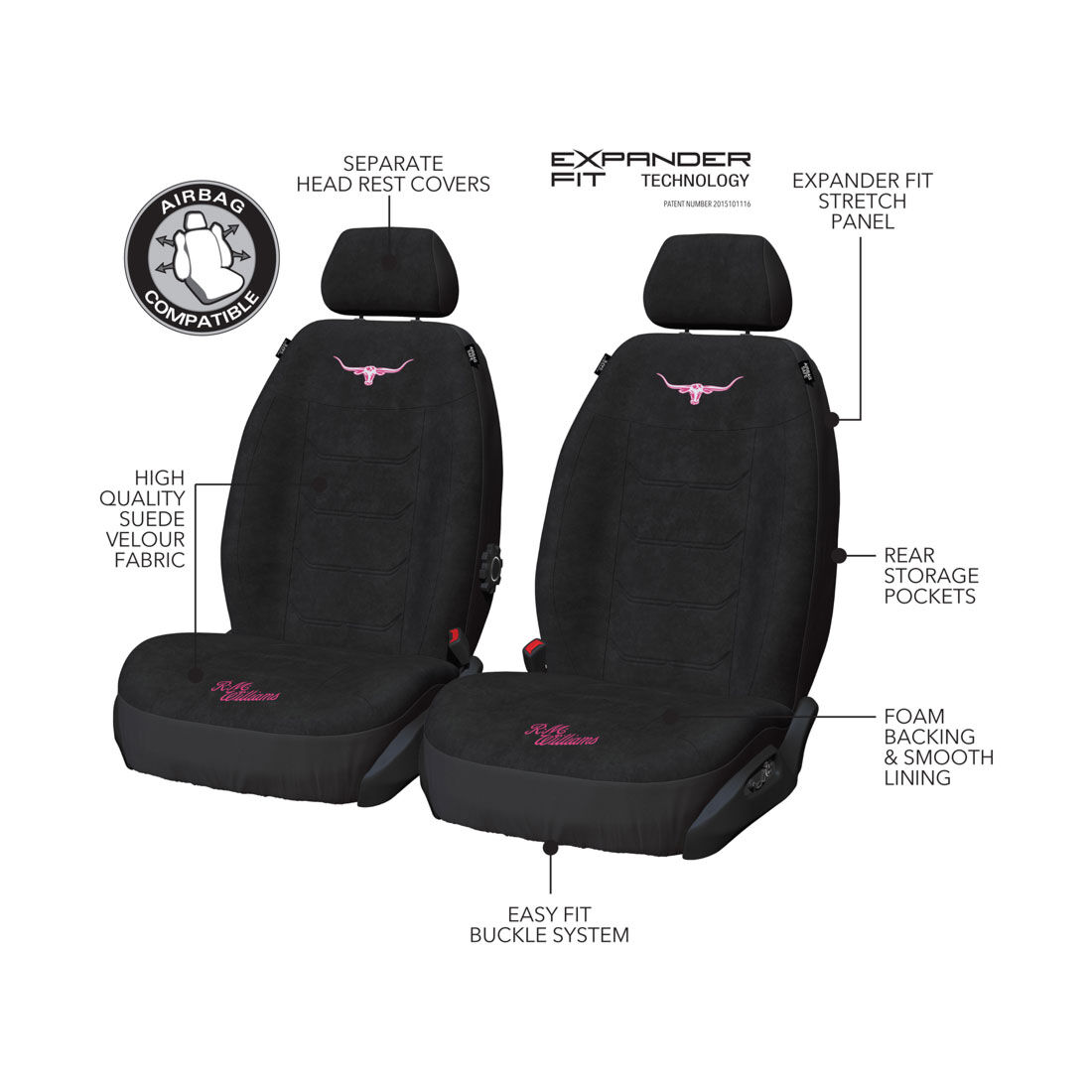 R.M.Williams Jillaroo Suede Velour Seat Covers Black/Pink Adjustable Headrests Size 30 Front Pair Airbag Compatible, , scaau_hi-res