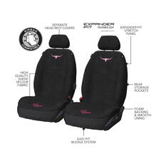 R.M.Williams Jillaroo Suede Velour Seat Covers Black/Pink Adjustable Headrests Size 30 Front Pair Airbag Compatible, , scaau_hi-res