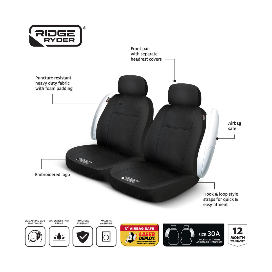 Ridge Ryder Puncture Resistant Seat Cover Black Adjustable Headrests Airbag Compatible, , scaau_hi-res