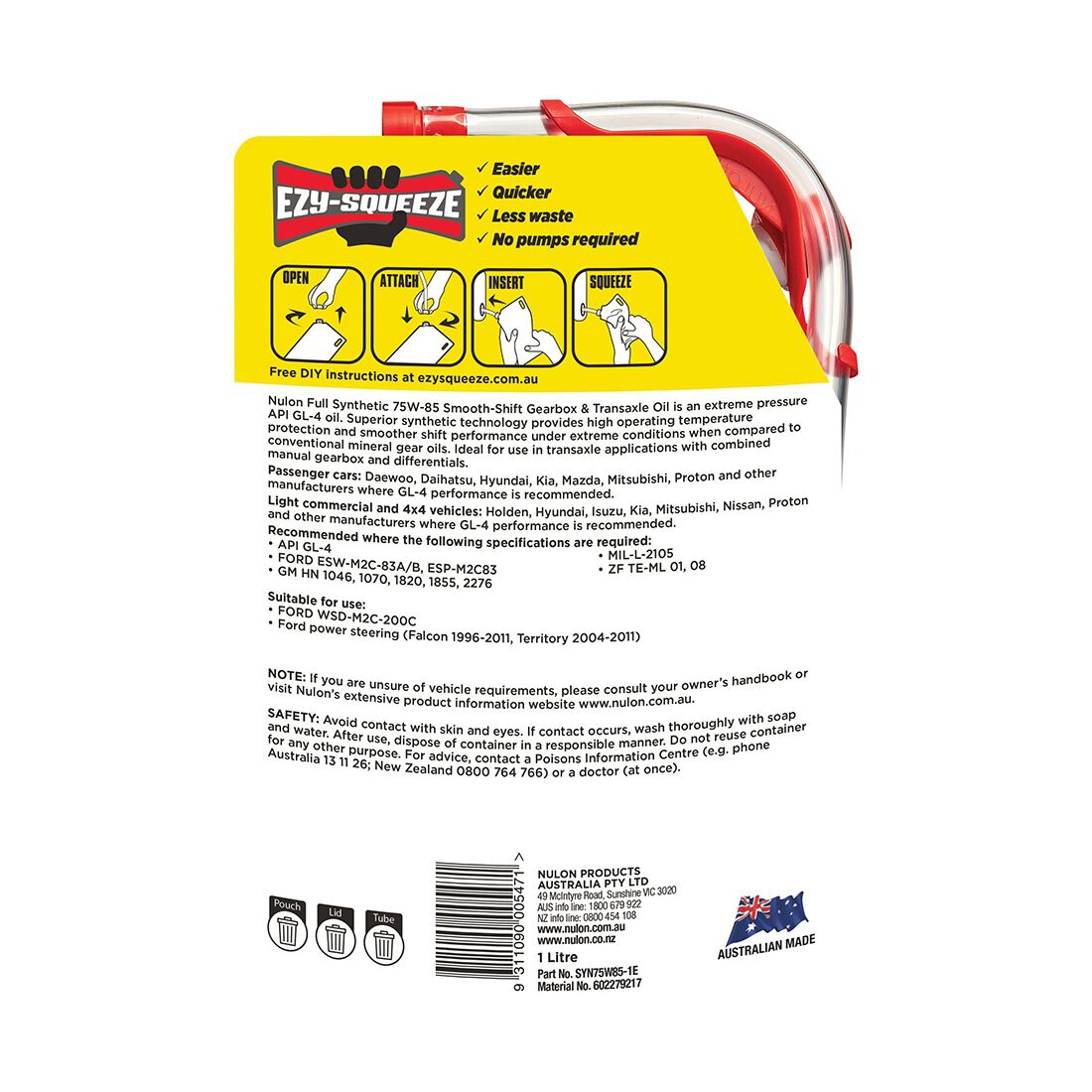 NULON EZY-SQUEEZE Smooth Shift Gearbox & Differential Oil - 75W-85, 1 Litre, , scaau_hi-res