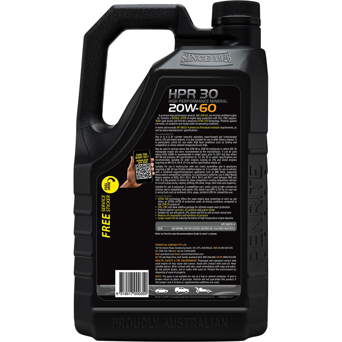 Penrite HPR 30 Engine Oil - 20W-60, 5 Litre, , scaau_hi-res