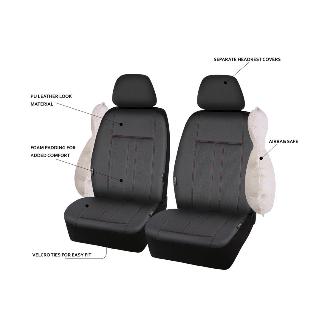 SCA Leather Look Seat Covers Black/Red Adjustable Headrests Airbag Compatible 30SAB, , scaau_hi-res