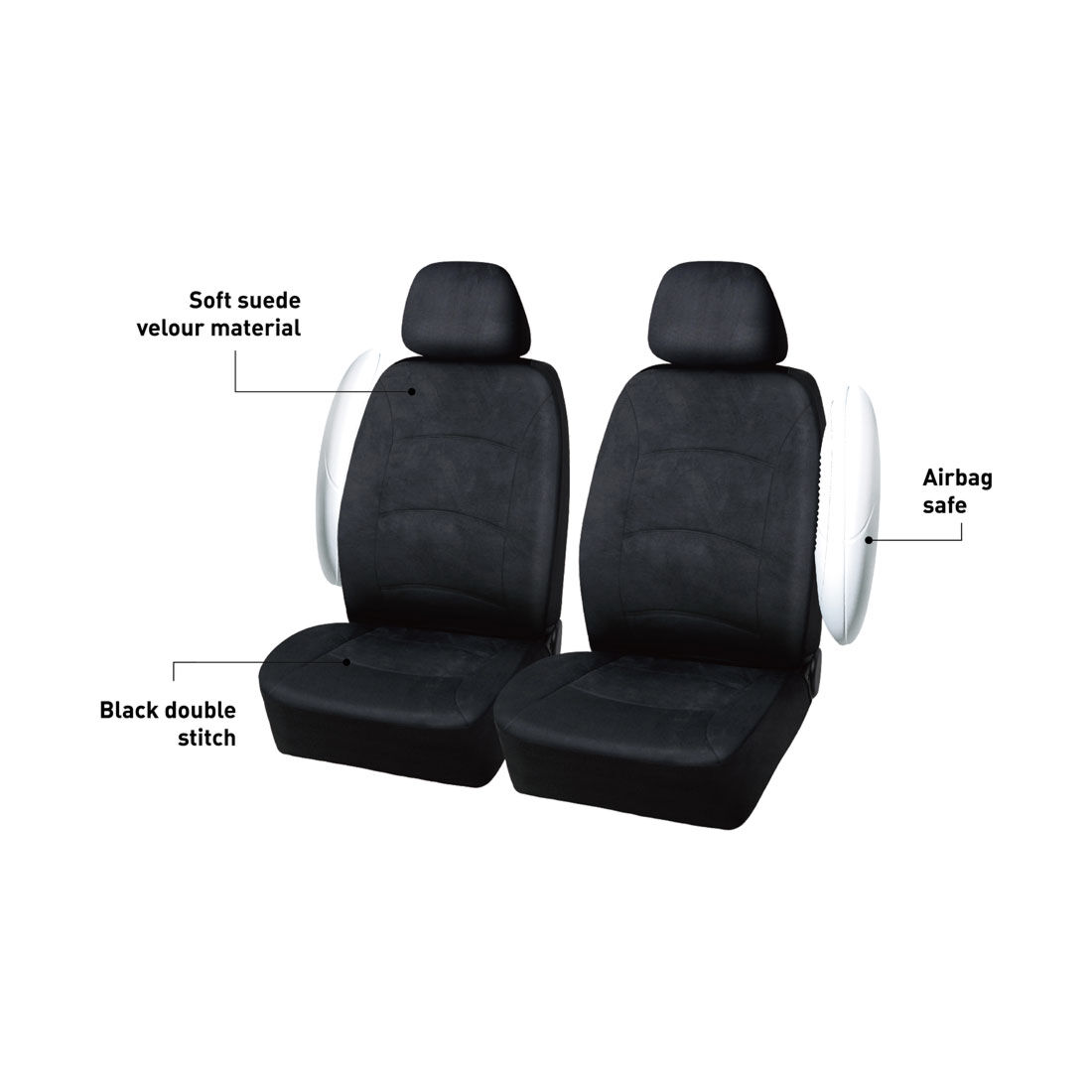 SCA Suede Velour Seat Covers Black Adjustable Headrests Airbag Compatible 30ASAB, , scaau_hi-res