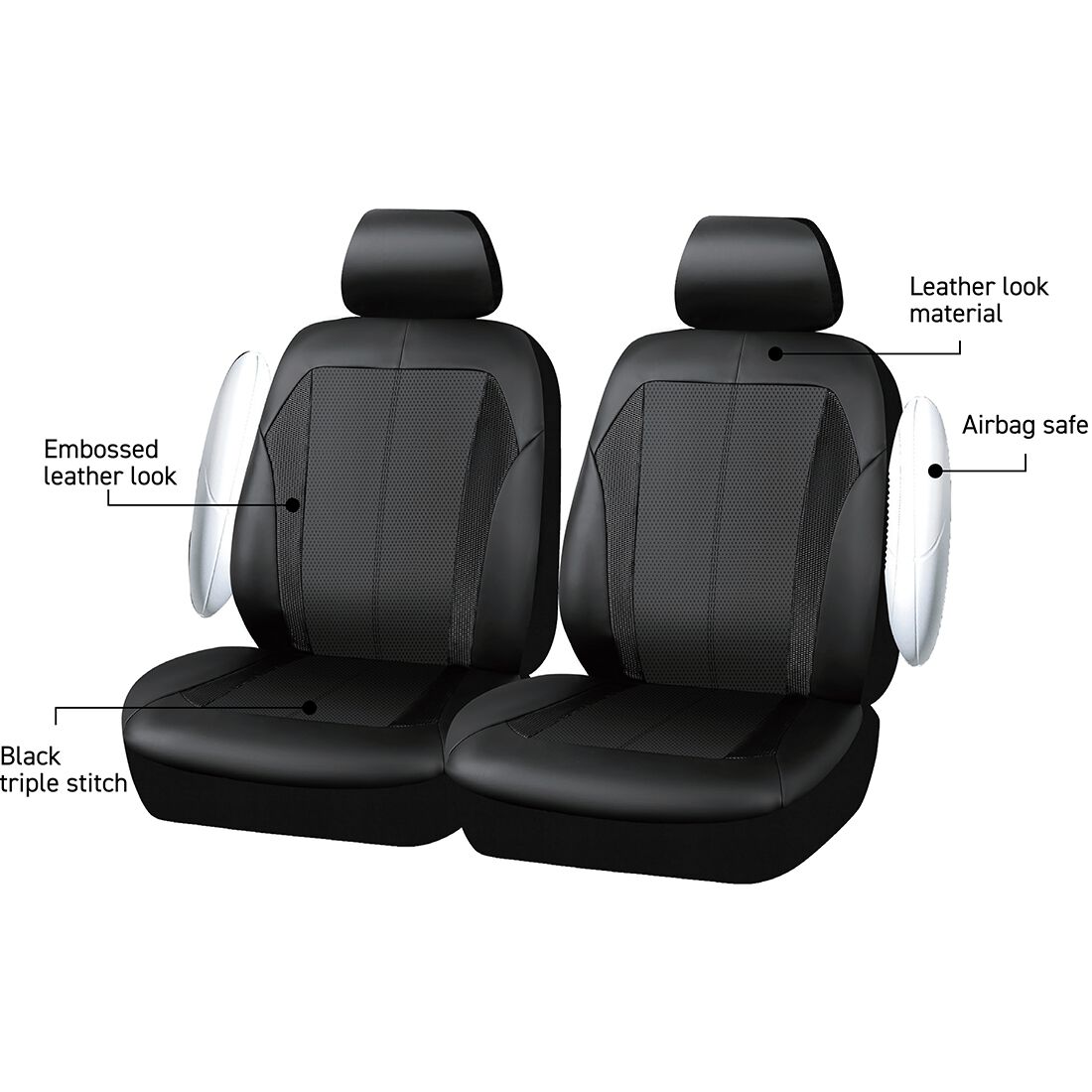 SCA Leather Look Seat Covers Black Adjustable Headrests Airbag Compatible 30SAB, , scaau_hi-res