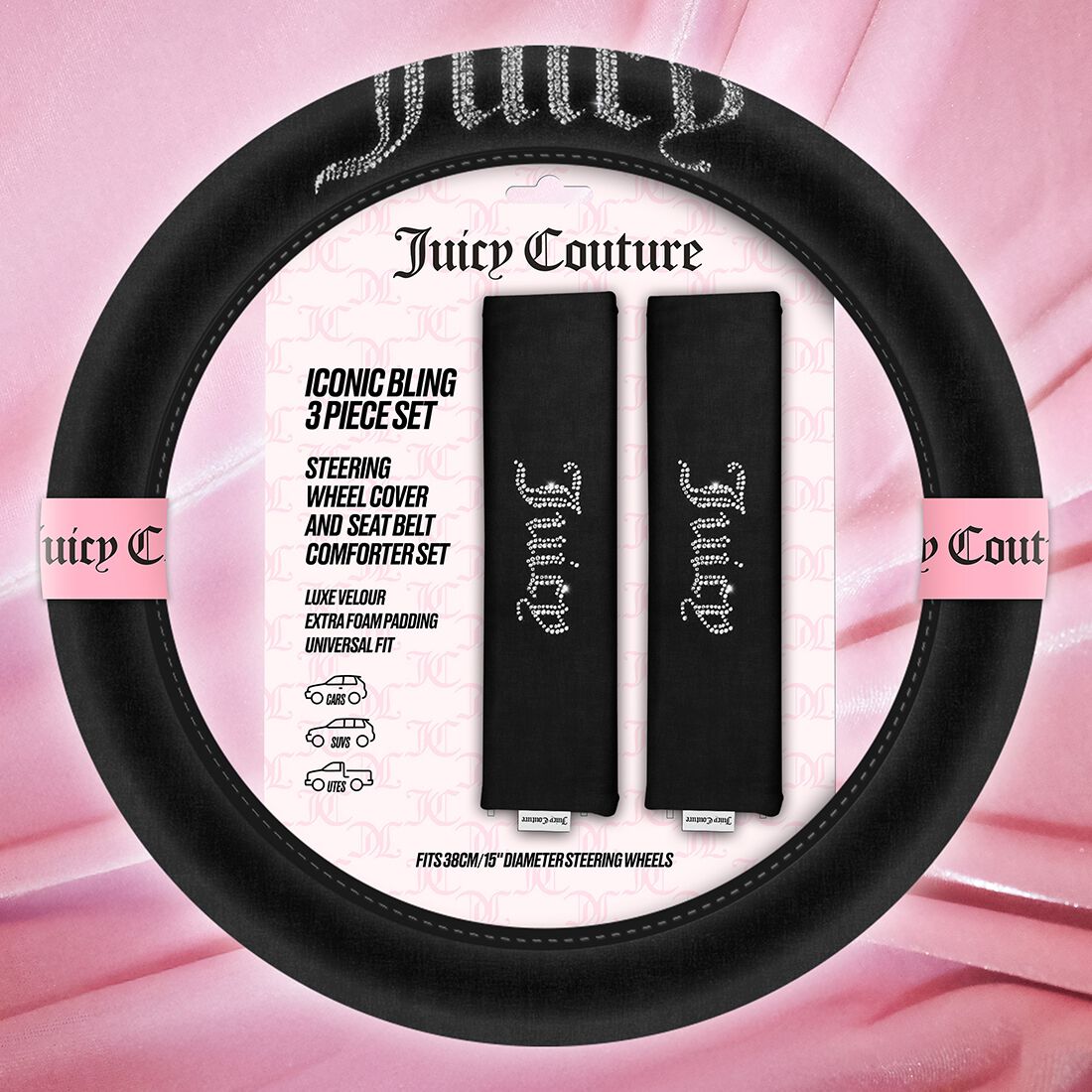 Juicy Couture Big Bling Steering Wheel Cover & Seat Belt Comforters Combo - Black, , scaau_hi-res