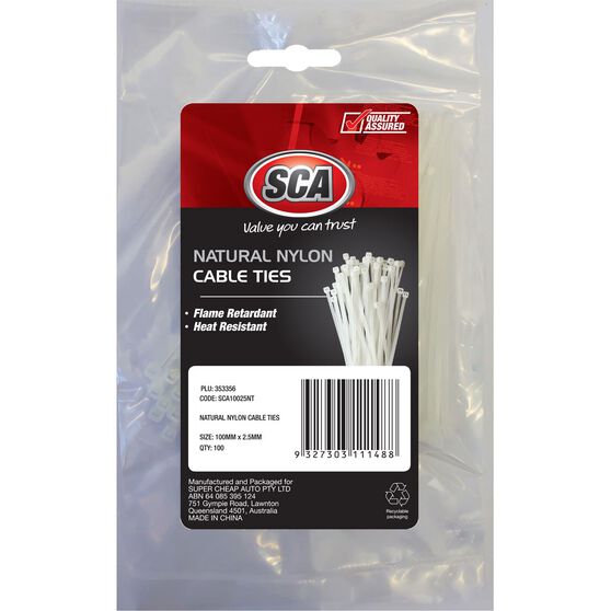 SCA Cable Ties 100mm x 2.5mm, 100 Pack, White Supercheap Auto