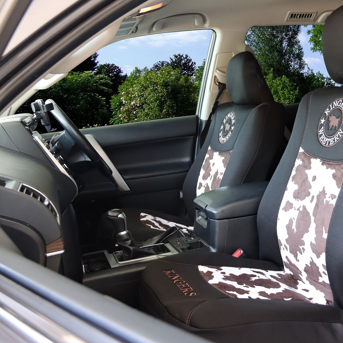 Ringers Western Jacquard Seat Covers Black Adjustable Headrests Airbag Compatible - Cow Print, , scaau_hi-res