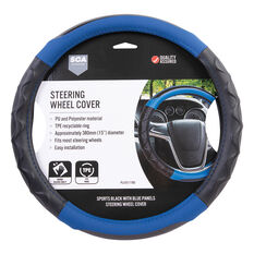 SCA Sports Leather Look Steering Wheel Cover - Blue/Black, 380mm Diameter, , scaau_hi-res