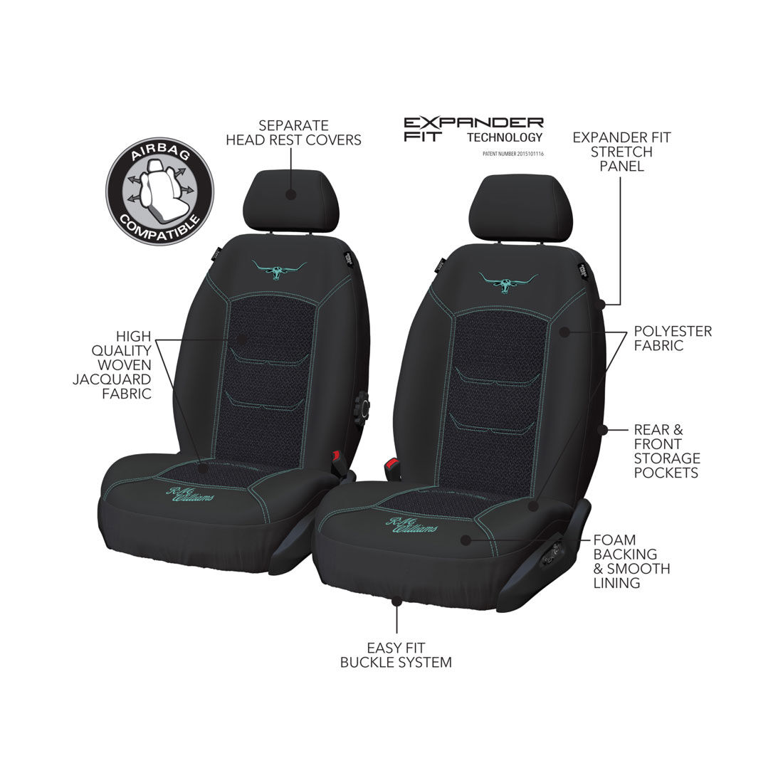 R.M.Williams Aqua Jacquard Seat Covers Black/Aqua Adjustable Headrests Airbag Compatible, , scaau_hi-res