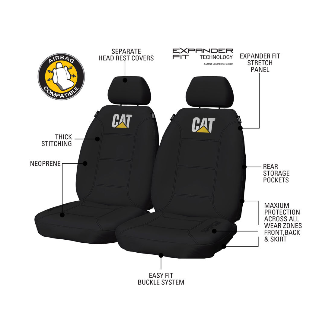 CAT Neoprene Seat Covers Black Adjustable Headrests Size 30 Front Pair Airbag Compatible, , scaau_hi-res
