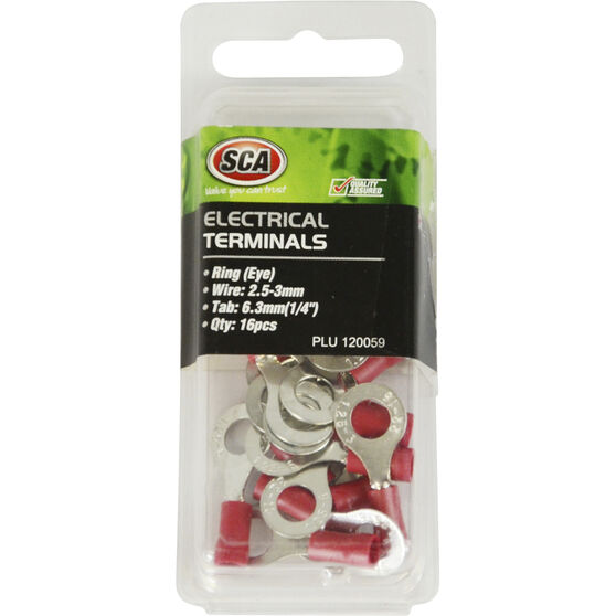 SCA Electrical Terminals - Ring (Eye), Red, 6.3mm, 16 Pack, , scaau_hi-res