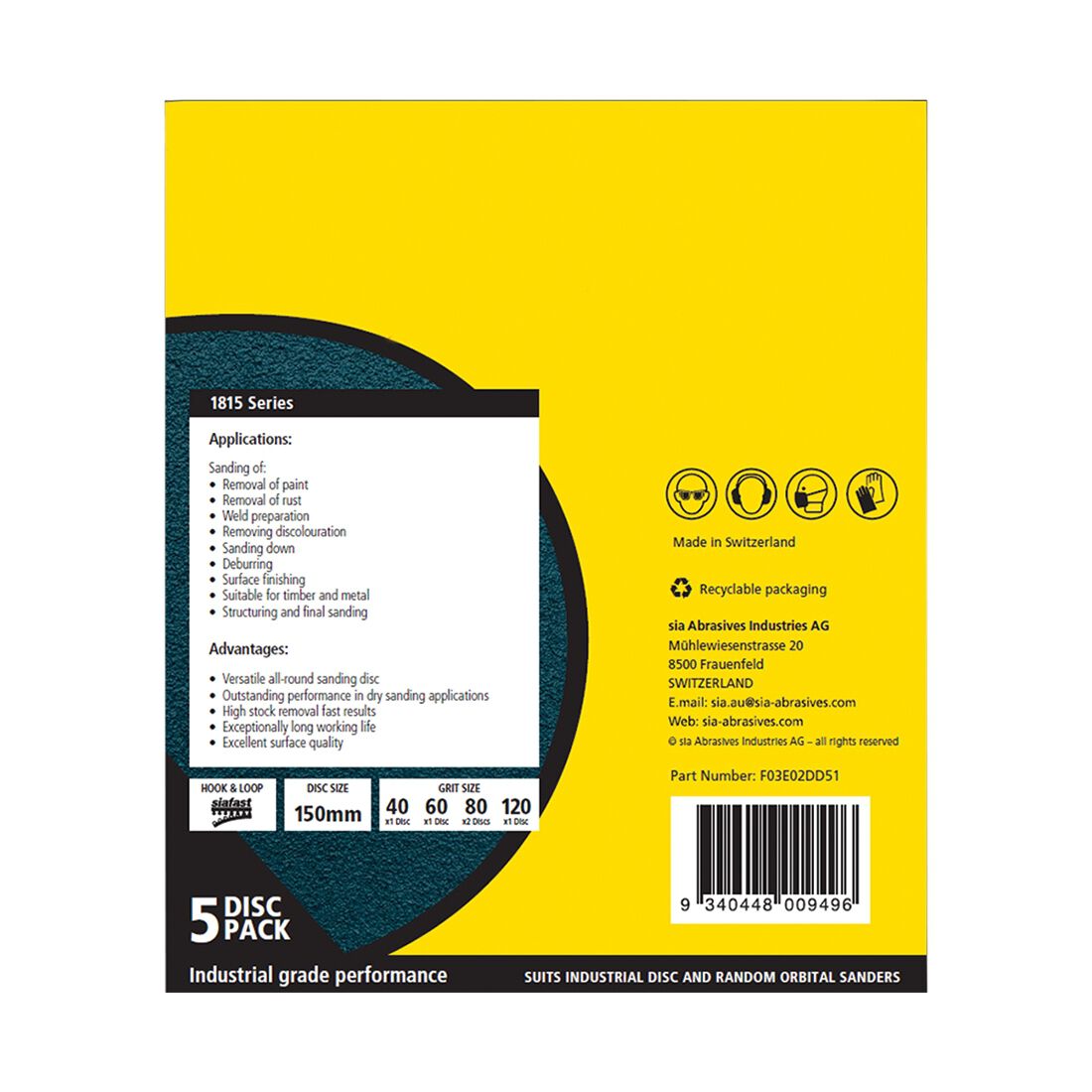 SIA Abrasives 150mm Heavy Duty Sanding Disc, 1815 Series, No Hole, Mixed Grit, 5 Pack, , scaau_hi-res