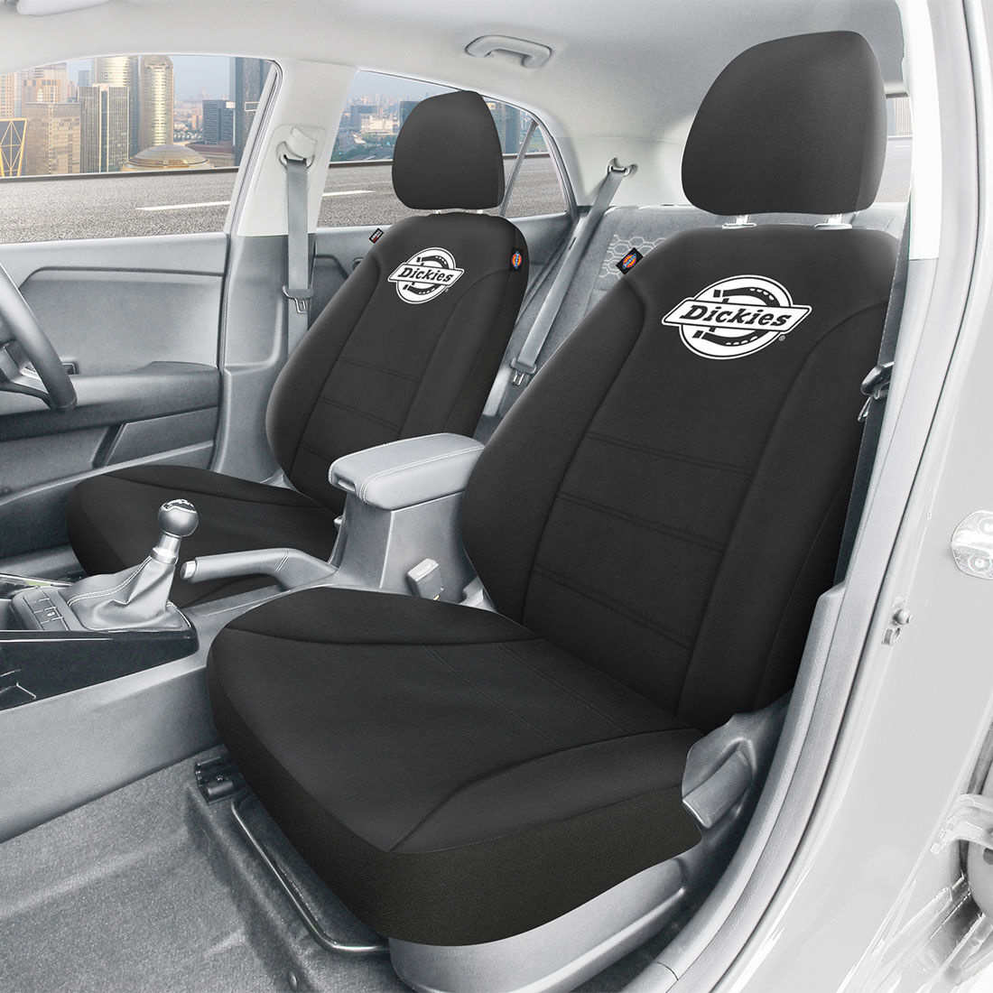 Dickies Repreve Polyester OG Black/White Logo Seat Covers Black Adjustable Headrests Airbag Compatible, , scaau_hi-res