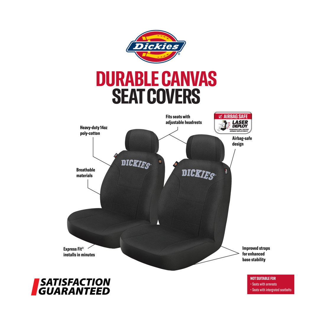 Dickies Collegiate Poly Canvas Seat Covers Black/Grey Adjustable Headrests Airbag Compatible, , scaau_hi-res