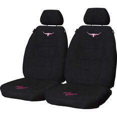 R.M.Williams Jillaroo Suede Velour Seat Covers Black/Pink Adjustable Headrests Size 30 Front Pair Airbag Compatible, , scaau_hi-res