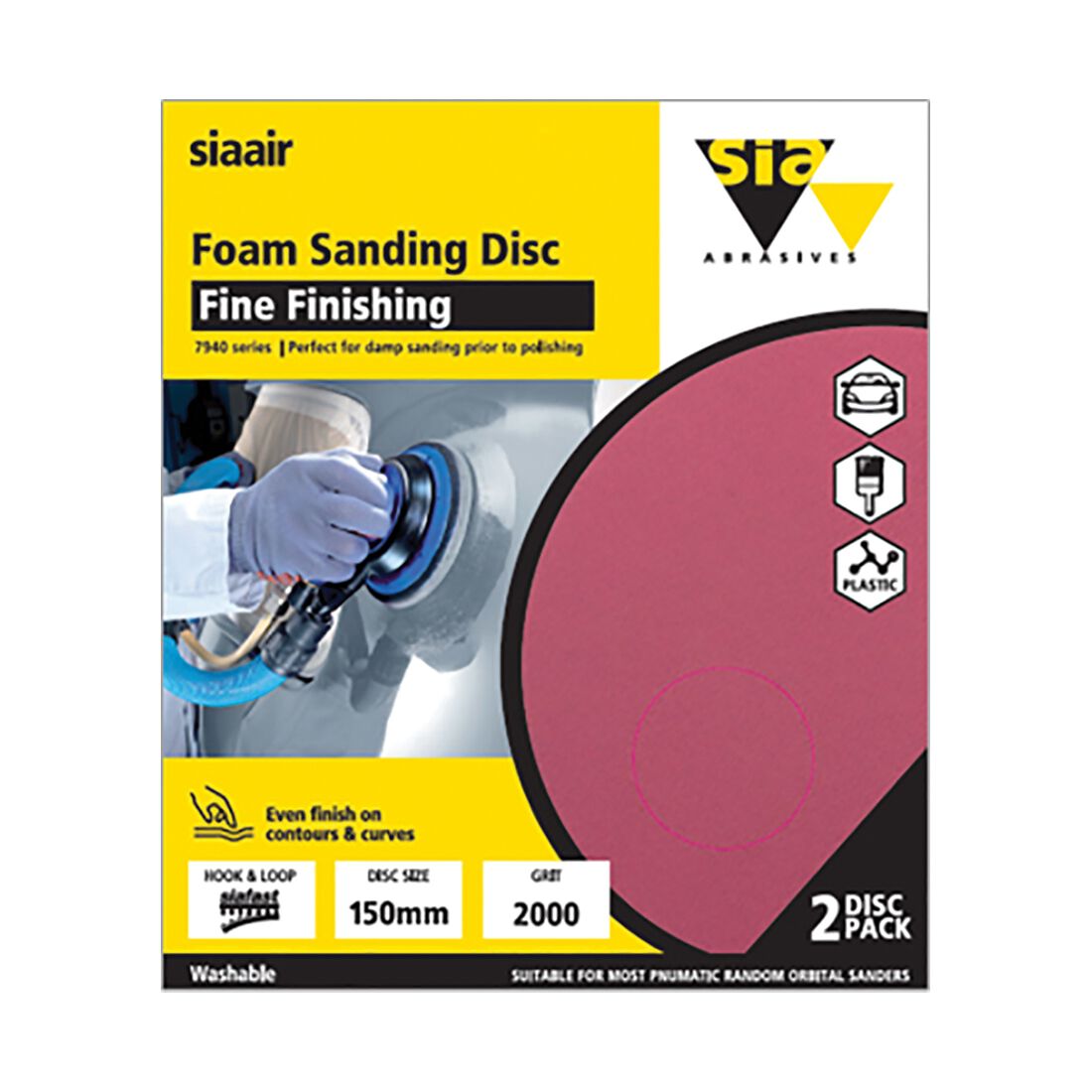SIA Abrasives 150mm Foam Sanding Disc, 7940 Series, No Hole, 2000 Grit, 2 Pack, , scaau_hi-res