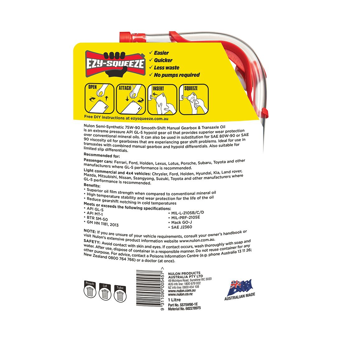 NULON EZY-SQUEEZE Smooth Shift Manual Gearbox & Transaxle Oil - 75W-90, 1 Litre, , scaau_hi-res