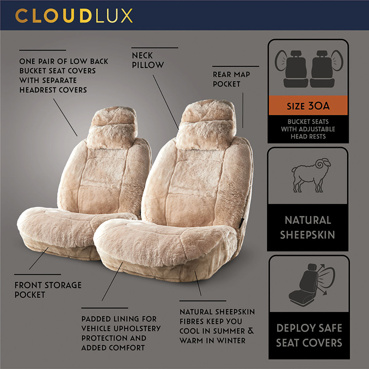 Platinum CLOUDLUX Sheepskin Seat Covers Bamboo Adjustable