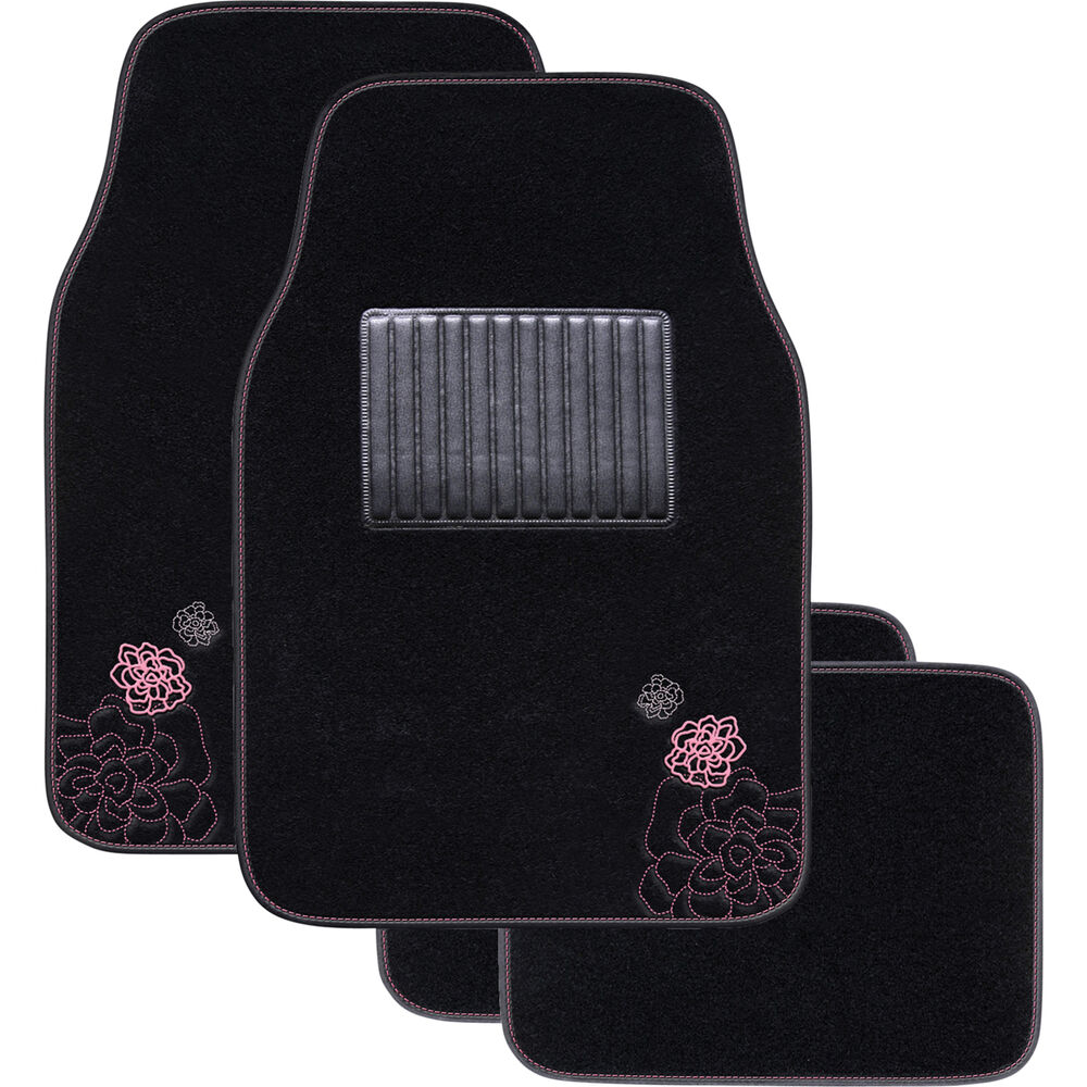 SCA Rose Floor Mats Carpet, Black / Pink, Set of 4 Supercheap Auto