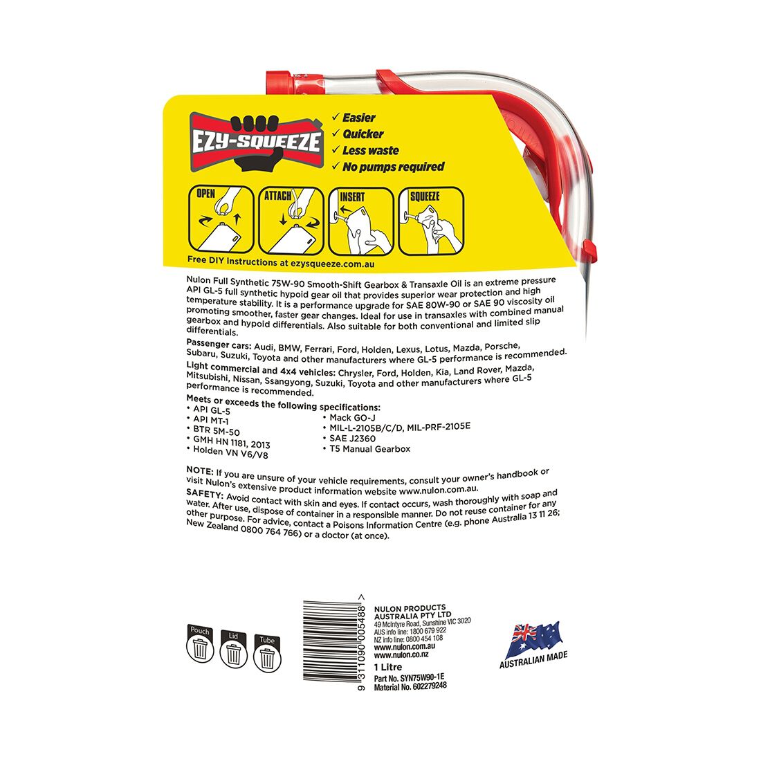 NULON EZY-SQUEEZE Performance Smooth Shift Manual Gearbox & Transaxle Oil - 75W-90, 1 Litre, , scaau_hi-res