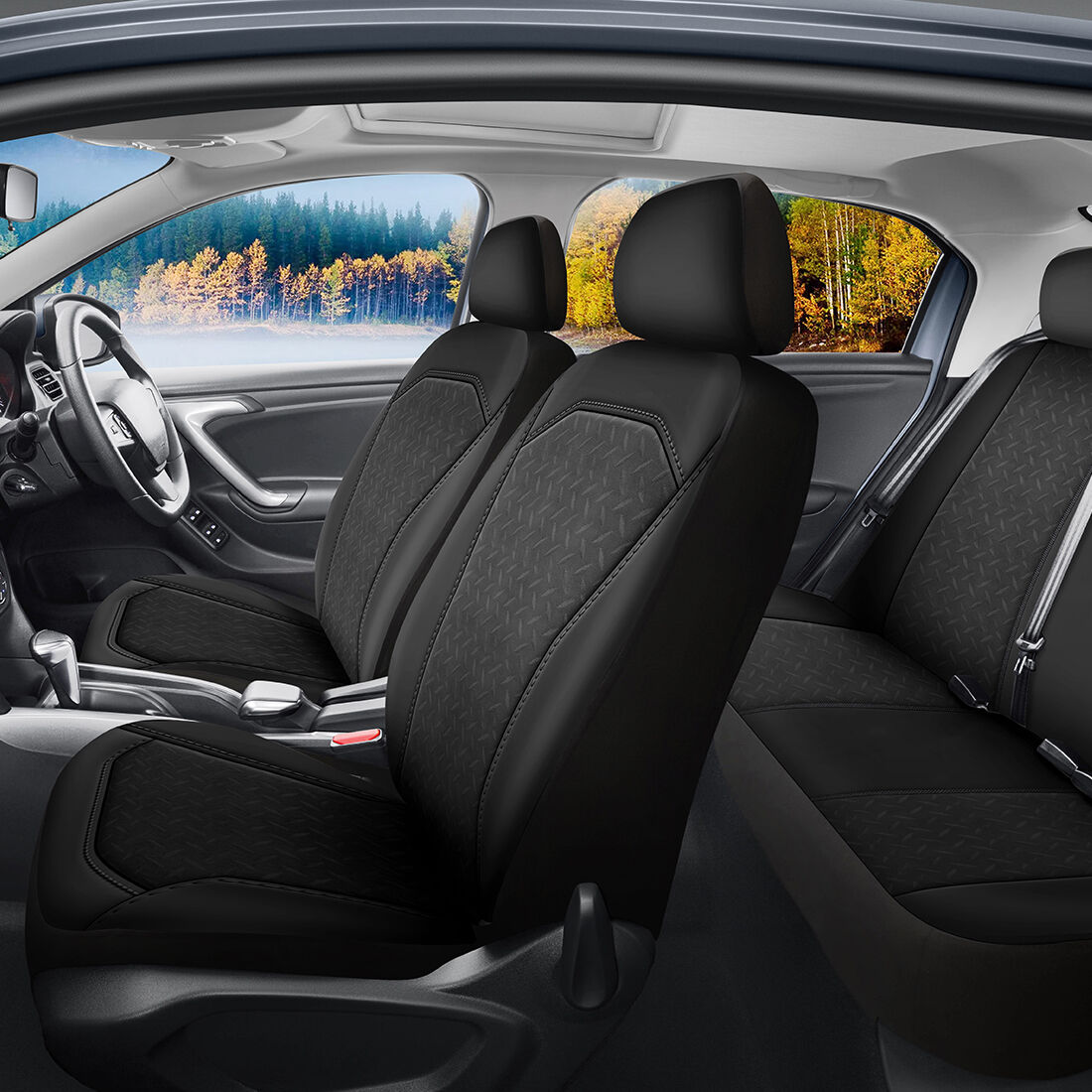 SCA Embroidered Jacquard Seat Cover Pack Black Adjustable Headrests Airbag Compatible 30&06H SAB, , scaau_hi-res