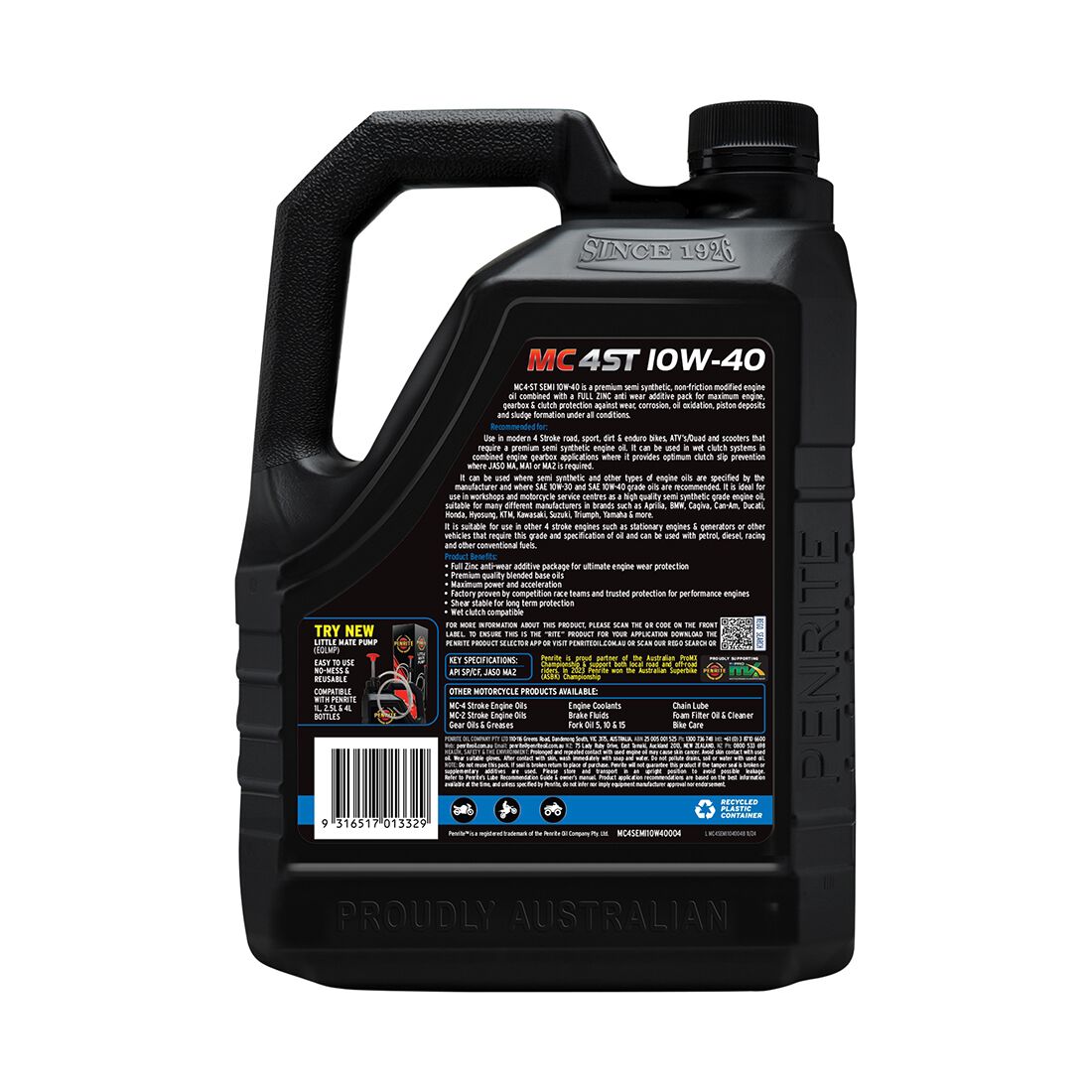 Penrite MC-4ST Semi Synthetic Motorcycle Oil 10W-40 4 Litre, , scaau_hi-res